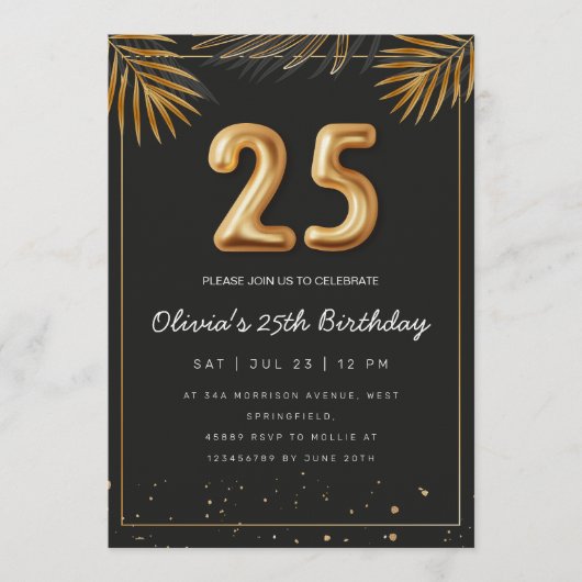 Golden Tropical Palm Leaves 25th Birthday 招待状 (正面)