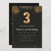 Golden Tropical Palm Leaves 3rd Birthday 招待状 (正面/裏面)