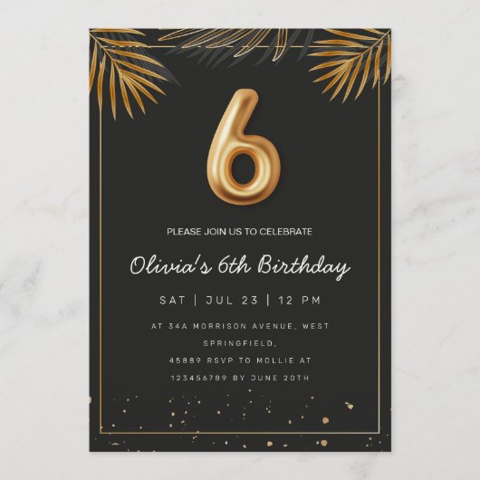  Golden Tropical Palm Leaves 6th Birthday  招待状 (正面)