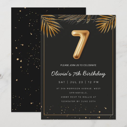 Golden Tropical Palm Leaves 7th Birthday 招待状 (正面/裏面)