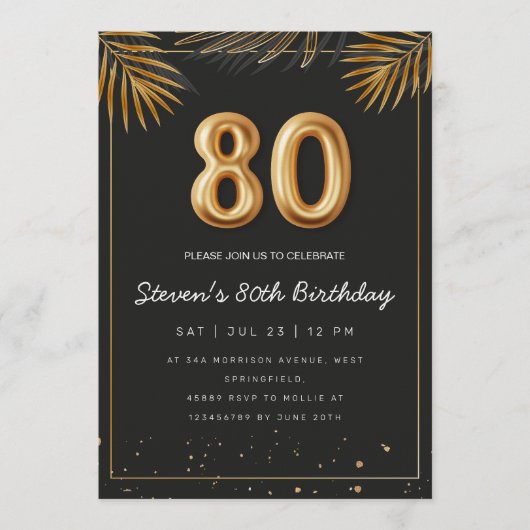 Golden Tropical Palm Leaves 80th Birthday  招待状 (正面)