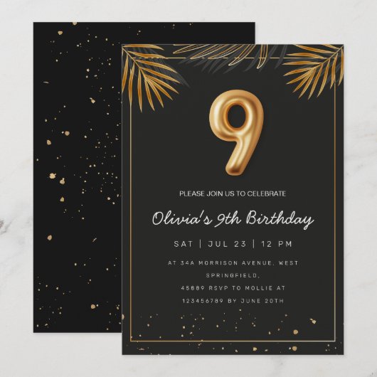 Golden Tropical Palm Leaves 9th Birthday 招待状 (正面/裏面)