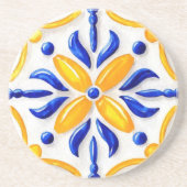 Golden Valencia Blossom Blue and Amber Floral コースター (正面)