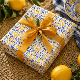 Golden Valencia Blossom Blue and Amber Floral ラッピングペーパー