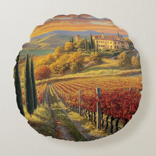 Golden Vineyard Path – Round Throw Pillow ラウンドクッション (正面)