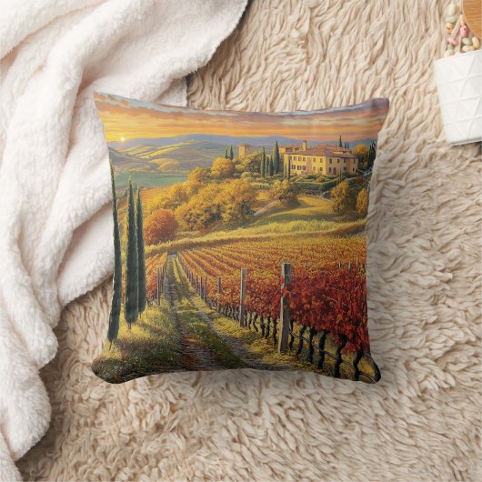 Golden Vineyard Path – Square Throw Pillow クッション (ブランケット)