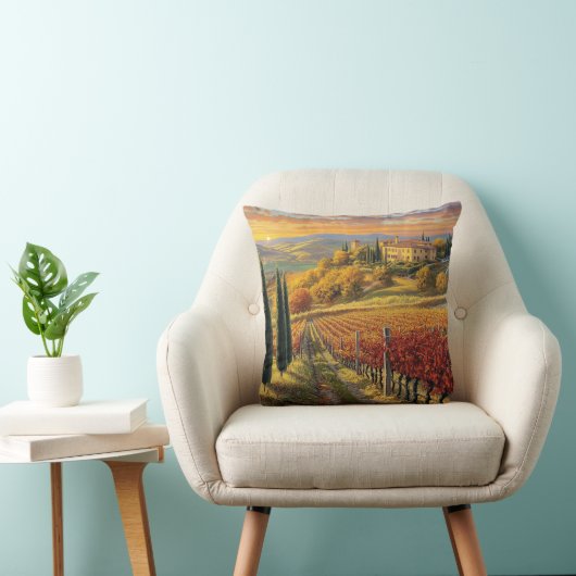 Golden Vineyard Path – Square Throw Pillow クッション (椅子)