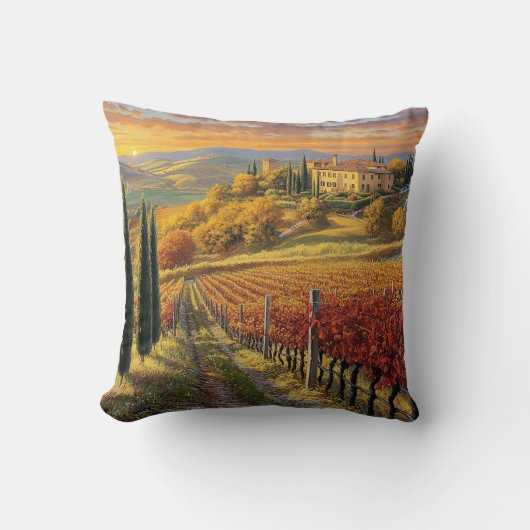 Golden Vineyard Path – Square Throw Pillow クッション (正面)