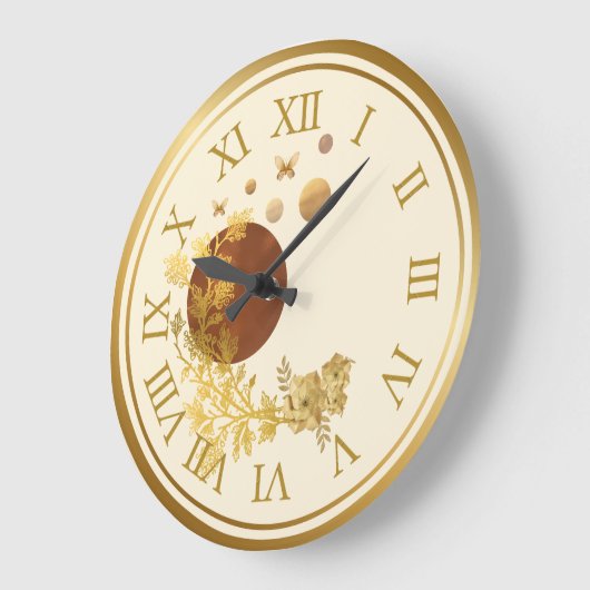 Golden wall clock - Planets and roses galaxy ラージ壁時計 (傾斜)
