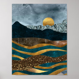 Golden Waves Under Moonlit Mountains ポスター