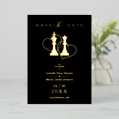 Golden Wedding Chess Pieces King & Queen Black 箔招待状 (立ち正面)