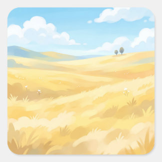 Golden Wheat Field Under Blue Sky スクエアシール
