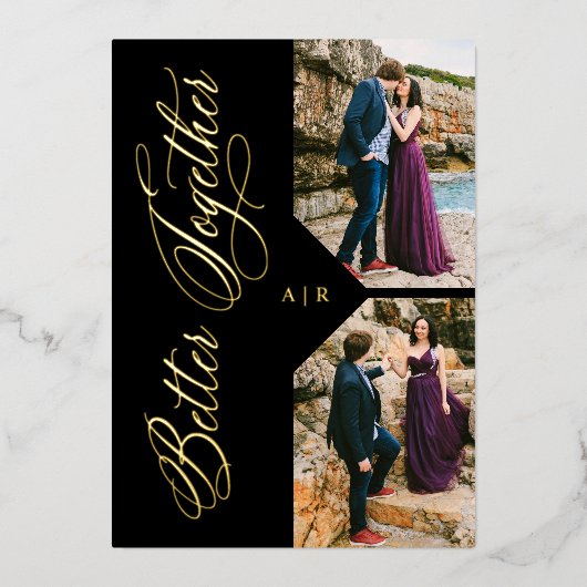 Golden Whimsical Luxury Modern 2 Photos Collage 箔招待状 (正面)