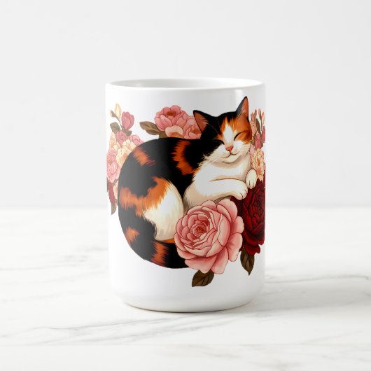 Golden Whiskers: Calico Cat in Rose Reverie コーヒーマグカップ (中央)