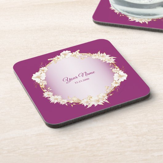 Golden White Floral Pink Geometric Rustic Wedding コースター (左側)