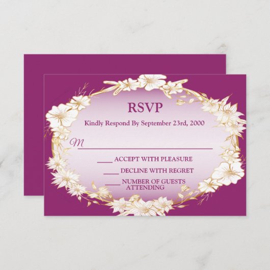 Golden White Floral Pink Geometric Rustic Wedding  出欠カード (正面/裏面)