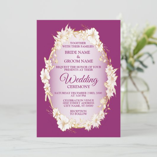 Golden White Floral Pink Geometric Rustic Wedding 招待状 (スタンド正面)