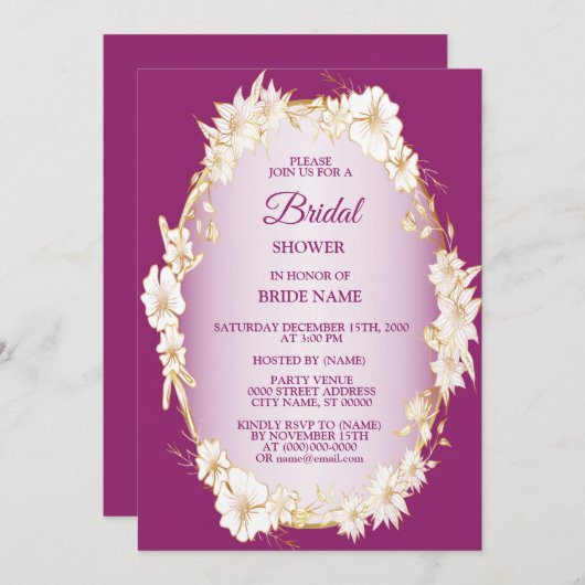 Golden White Floral Pink Wedding Bridal Shower 招待状 (正面/裏面)