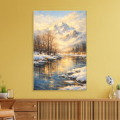 Golden Winter River Serenity – Oil Painting キャンバスプリント (インサイチュ (リビング))