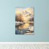 Golden Winter River Serenity – Oil Painting キャンバスプリント (インサイチュ (ウッドフロア))