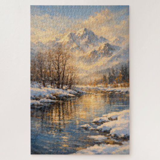 Golden Winter River Serenity – Oil Painting Puzzle ジグソーパズル (縦)