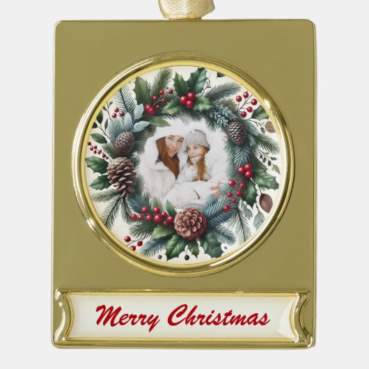 Golden Wreath – Customizable Christmas Keepsake ゴールドプレートバナーオーナメント (正面)