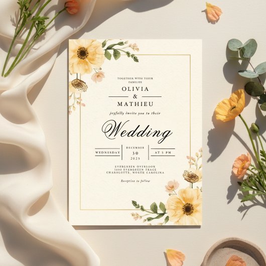 Golden Yellow Botanical Flourish Wedding 招待状