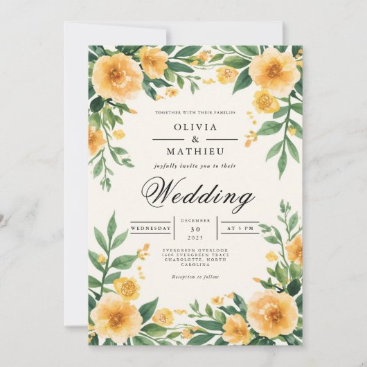 Golden Yellow Floral Botanical Wedding 招待状 (正面)