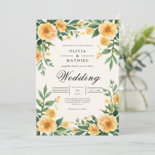 Golden Yellow Floral Botanical Wedding 招待状 (スタンド正面)