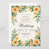 Golden Yellow Floral Botanical Wedding 招待状 (正面/裏面)