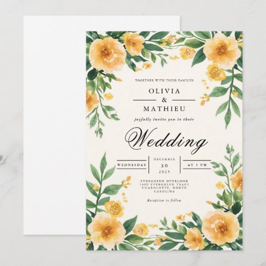 Golden Yellow Floral Botanical Wedding 招待状 (正面/裏面)