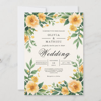 Golden Yellow Floral Botanical Wedding 招待状