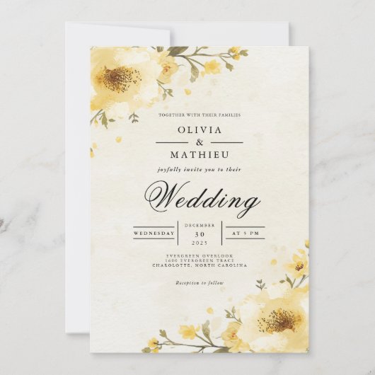 Golden Yellow Floral Whimsy Wedding 招待状 (正面)