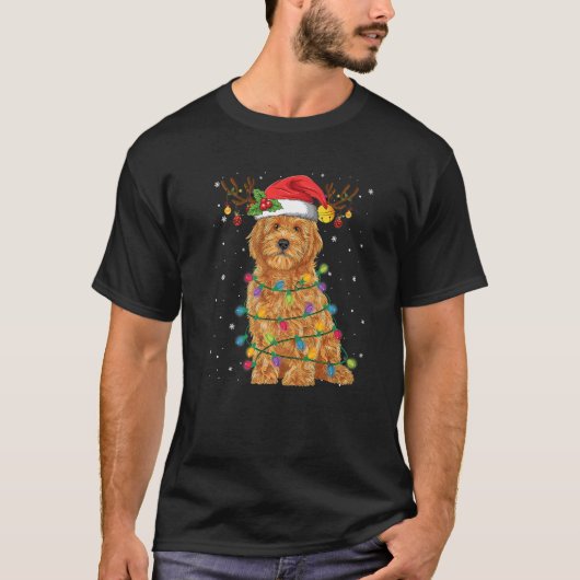 Goldendodleクリスマスライト&サンタハットクリスマス犬 Tシャツ (正面)