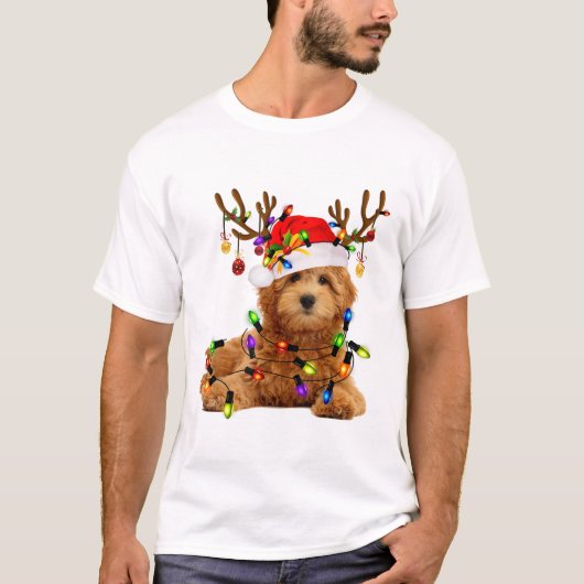 Goldendoodleクリスマストナカイのクリスマスライトp Tシャツ (正面)