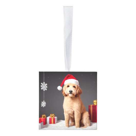 Goldendoodle犬の名前2つの写真クリスマス キューブオーナメント (右)
