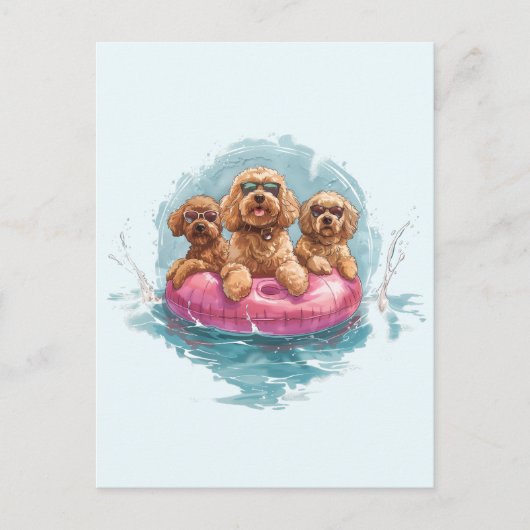 Goldendoodle犬サマーパイナップルプール浮き ポストカード (正面)