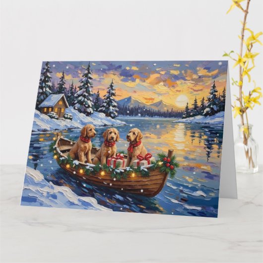 Goldendoodle Christmas Boat Holiday カード (黄色い花)