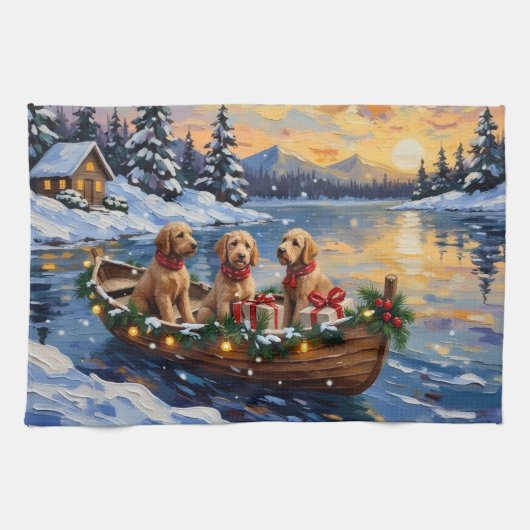 Goldendoodle Christmas Boat Holiday キッチンタオル (横)