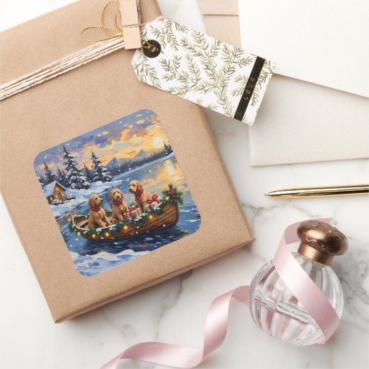Goldendoodle Christmas Boat Holiday スクエアシール (ギフト)