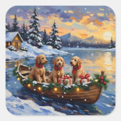 Goldendoodle Christmas Boat Holiday スクエアシール (正面)