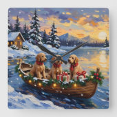 Goldendoodle Christmas Boat Holiday スクエア壁時計 (正面)