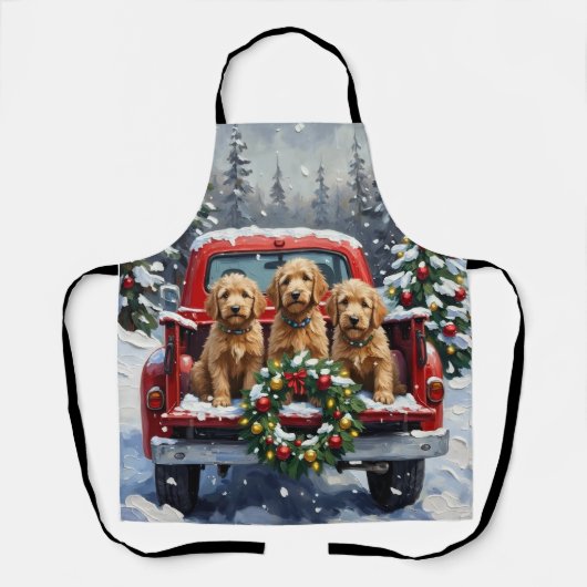 Goldendoodle Christmas Red Truck Holiday エプロン (正面)