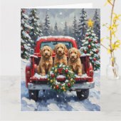 Goldendoodle Christmas Red Truck Holiday カード (黄色い花)