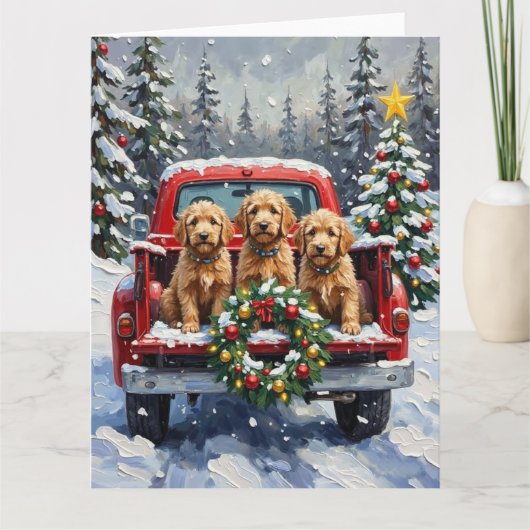 Goldendoodle Christmas Red Truck Holiday カード (正面)