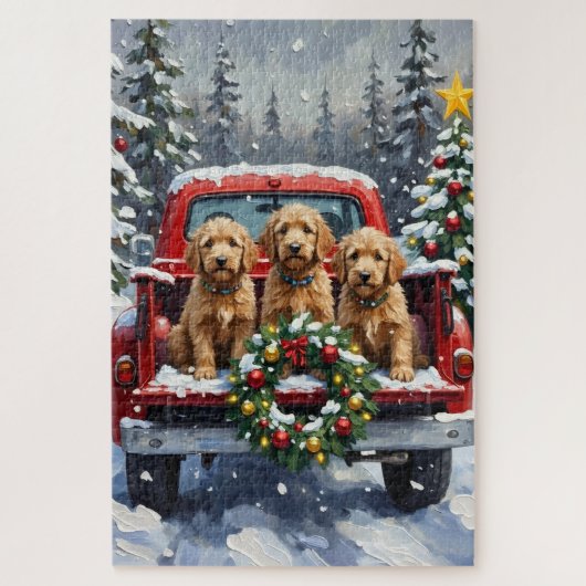 Goldendoodle Christmas Red Truck Holiday ジグソーパズル (縦)