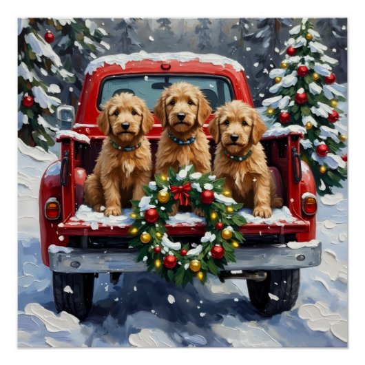 Goldendoodle Christmas Red Truck Holiday ポスター (正面)