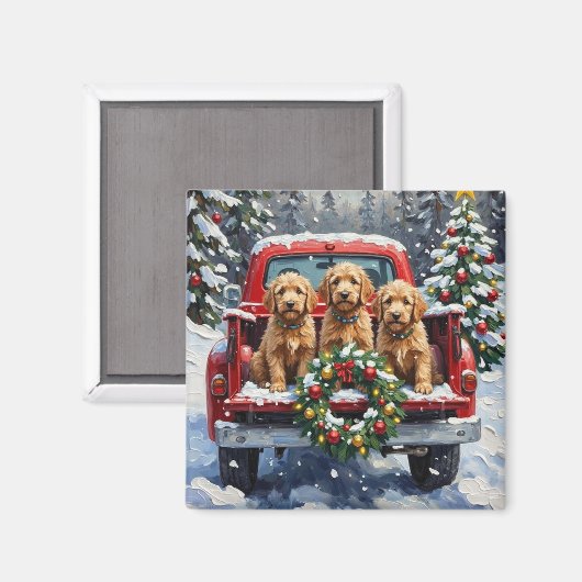 Goldendoodle Christmas Red Truck Holiday マグネット (正面/裏面)