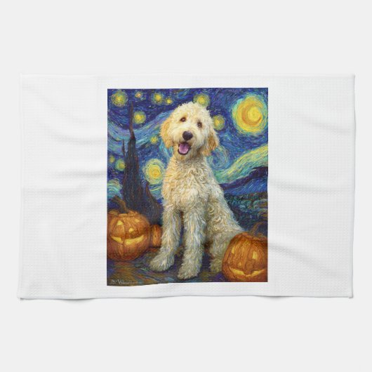 Goldendoodle Cute Dog Halloween Jack O Lantern Pum キッチンタオル (横)