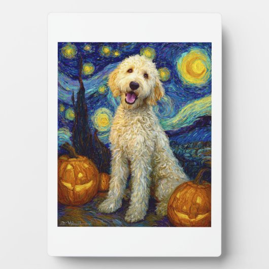 Goldendoodle Cute Dog Halloween Jack O Lantern Pum フォトプラーク (正面)